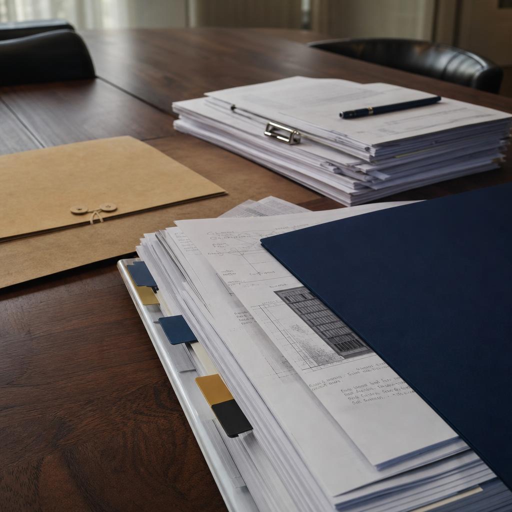 Tender documents stacked on a conference table